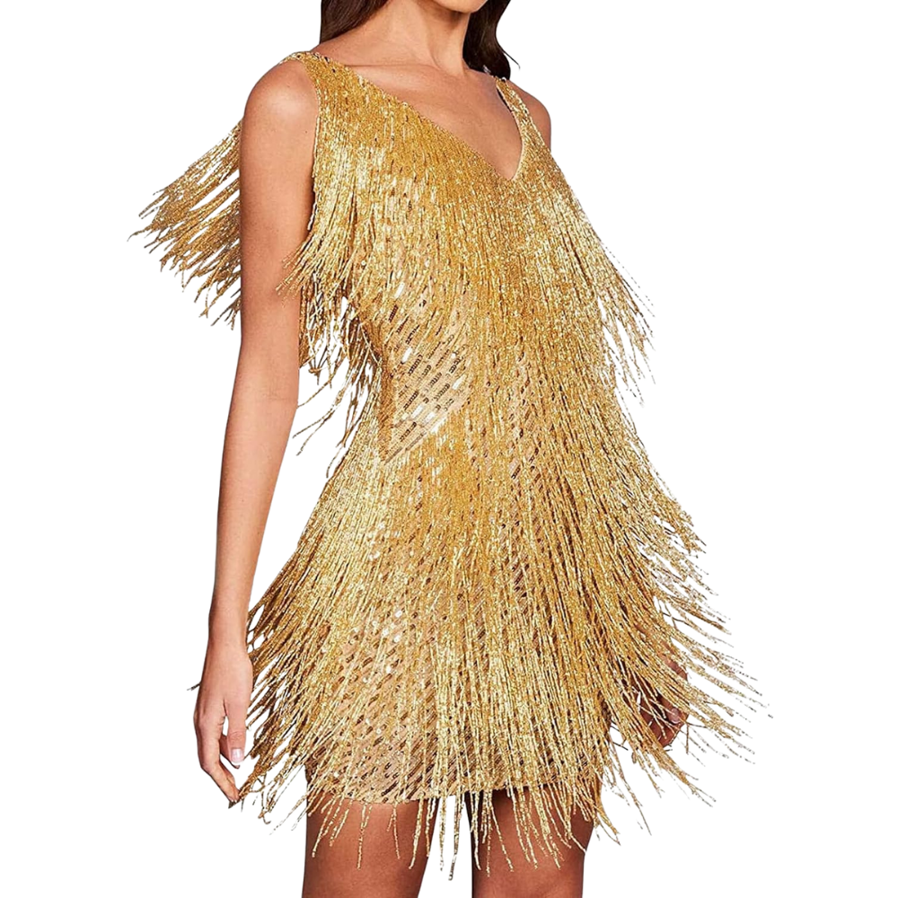Sequin V-Neck Slip Dress -Gold - Ozerty